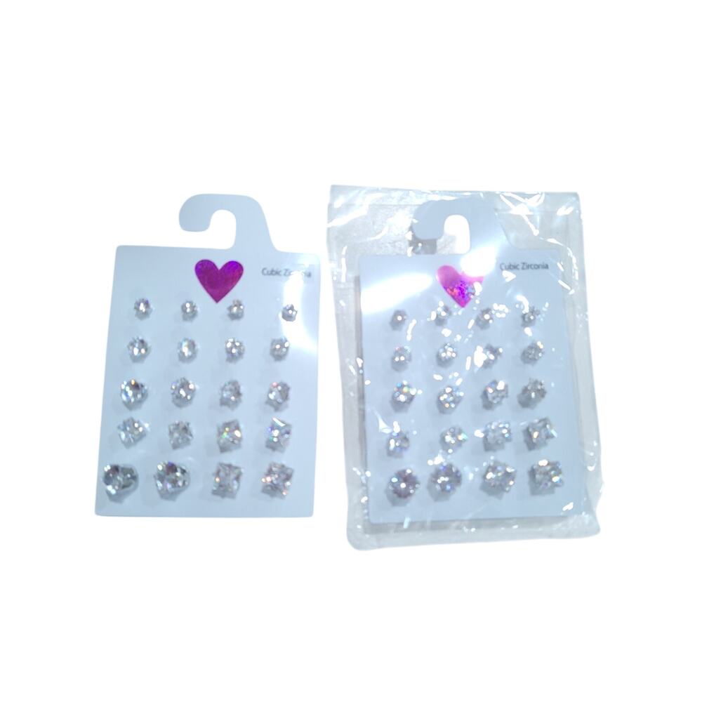 Crystal Stud Earrings - 2 Packs Multiple Sizes - Silver